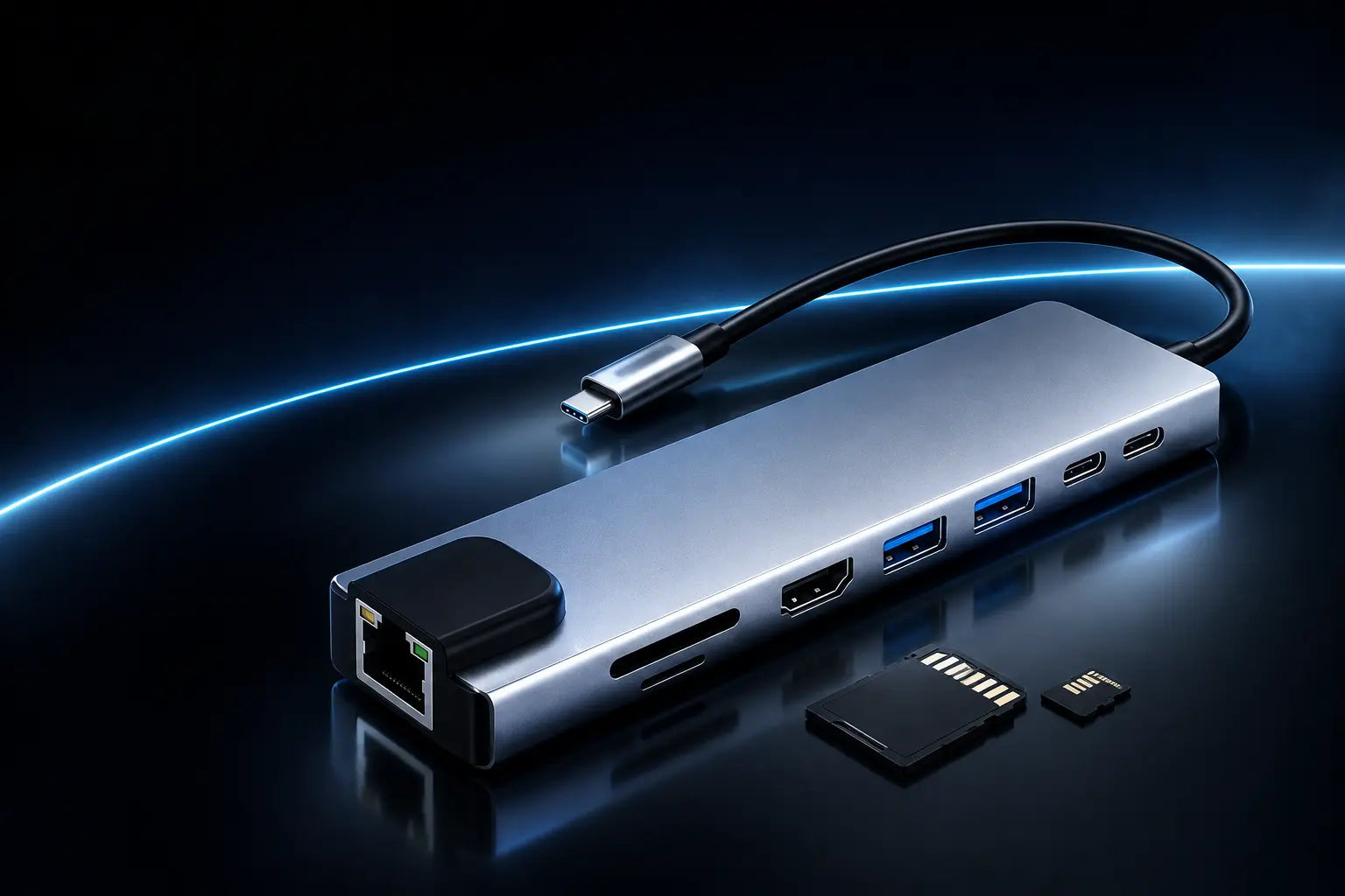 Hub USB-C NUVAREL 8 en 1 en escenario futurista azul