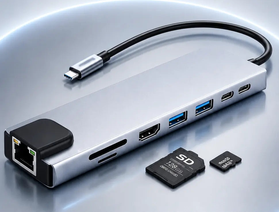 Detalle del Hub USB-C NUVAREL y sus ocho conexiones